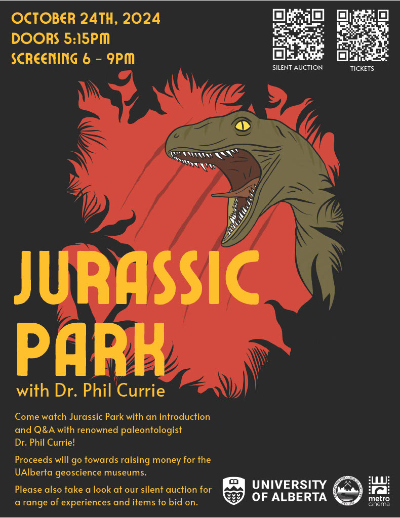 Poster for the event, featuring a stylized velociraptor peering through some bushes