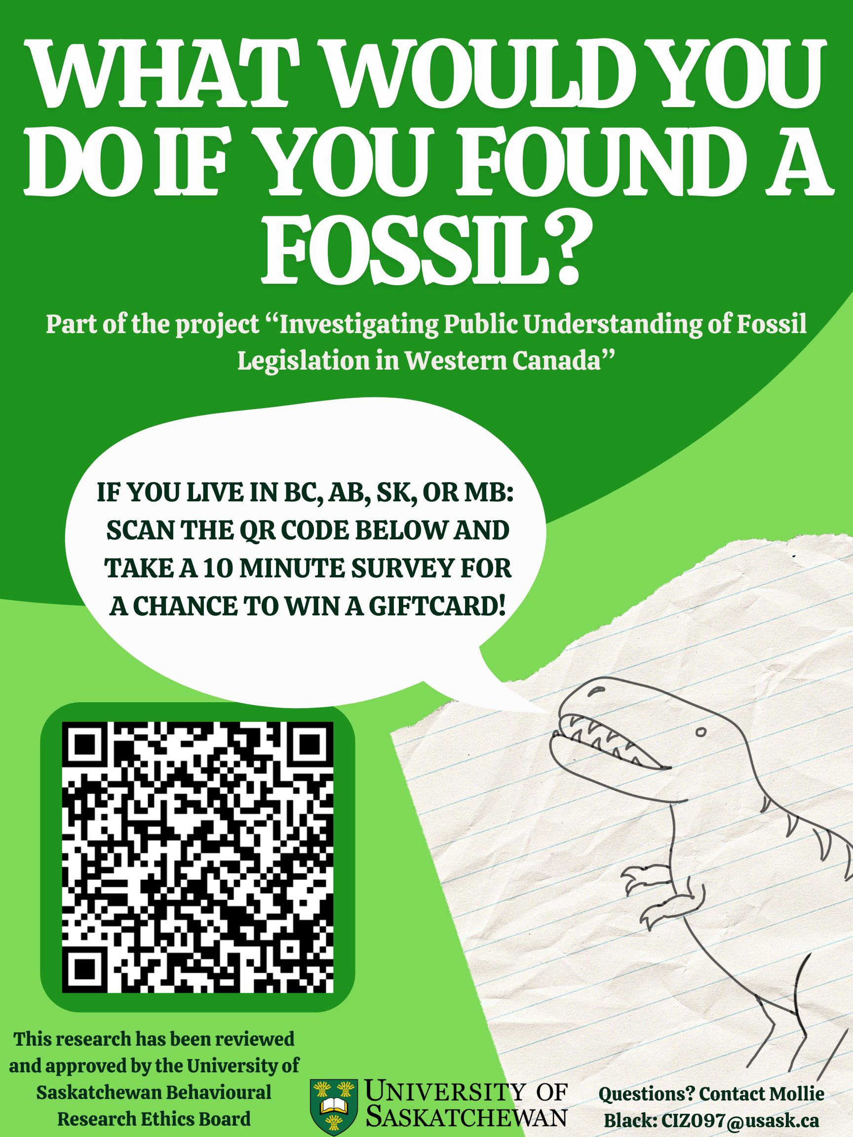 A poster detailing the information for the survey. There's a cartoon style dinosaur with a speech bubble asking you to take the survey. There's also a QR code which links to the survey.