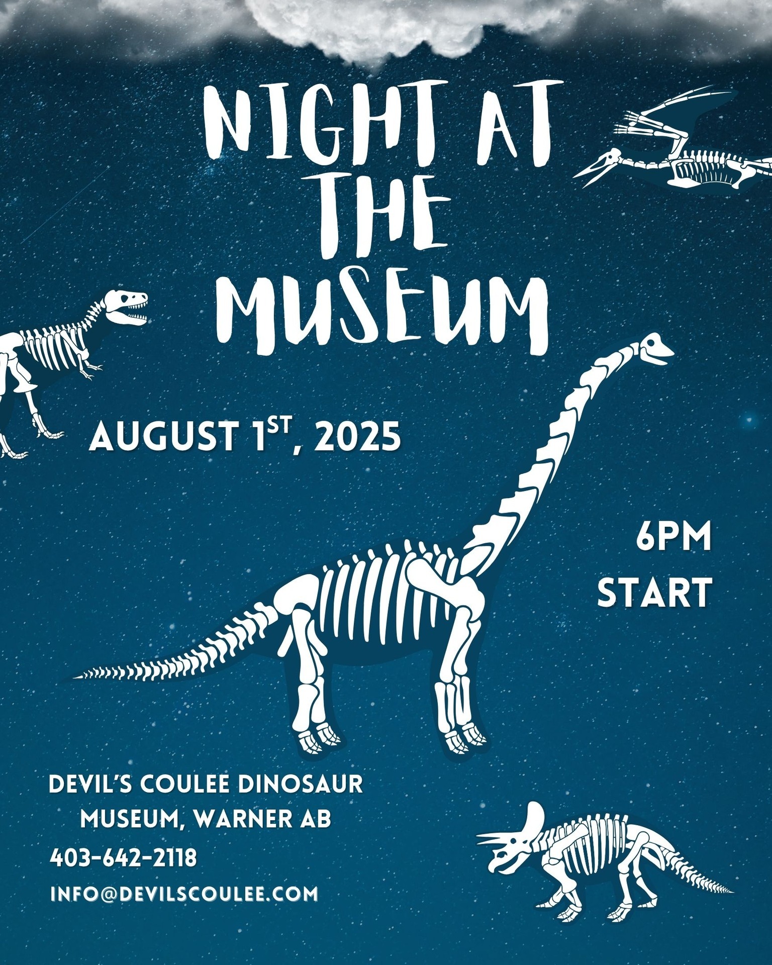 A starry sky with the stylized skeletons of various dinosaurs and pterosaurs scattered across it