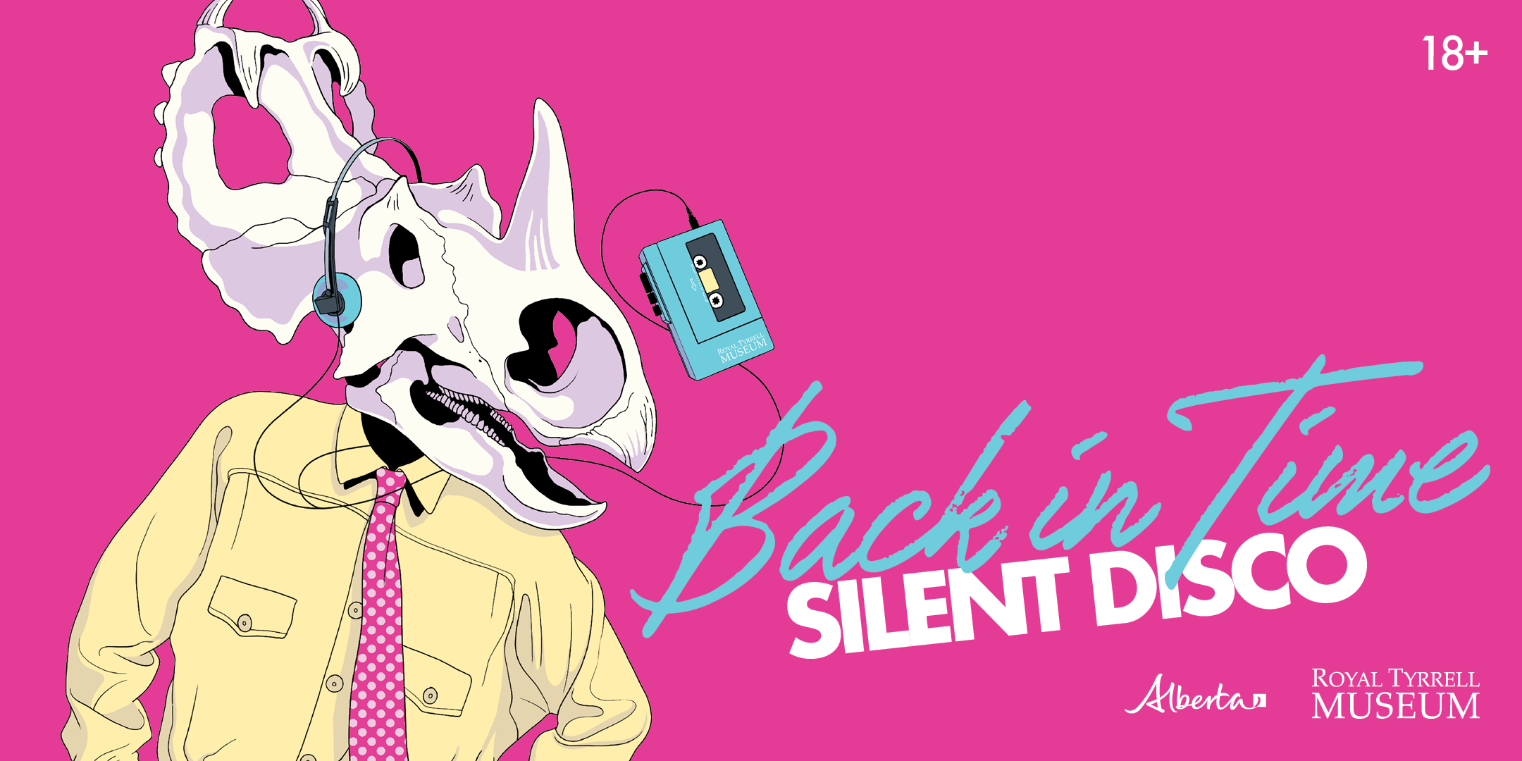 A stylized image of a triceratops skeleton wearing s scarf and listening to a tape player